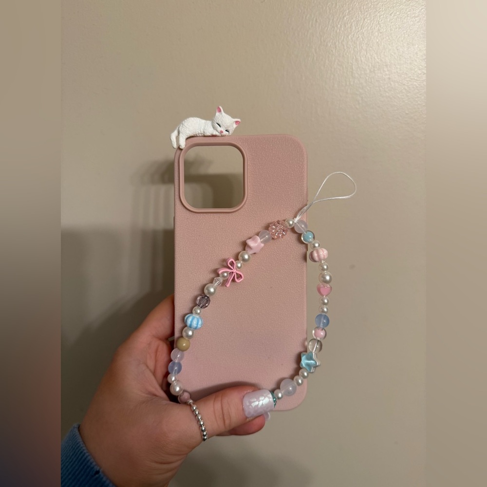 ✨Pink Cat Phone Case with Beaded Strap